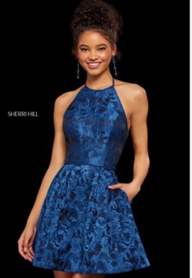Sherri Hill 53070 Halter Neck Brocade Dress in Blue Size 12 | eBay
