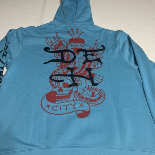 Felpa con cappuccio nuova Ed Hardy blu teschio fiamme doppio lato da uomo taglia XL - Foto 3 di 8