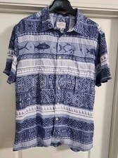 Quiksilver Waterman Collection Mens Shirt Blue White Striped Fish Size Medium