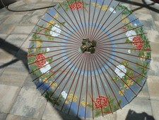 Antique Hand Painted Flowers Vinyl  Bamboo Parasol Umbrella