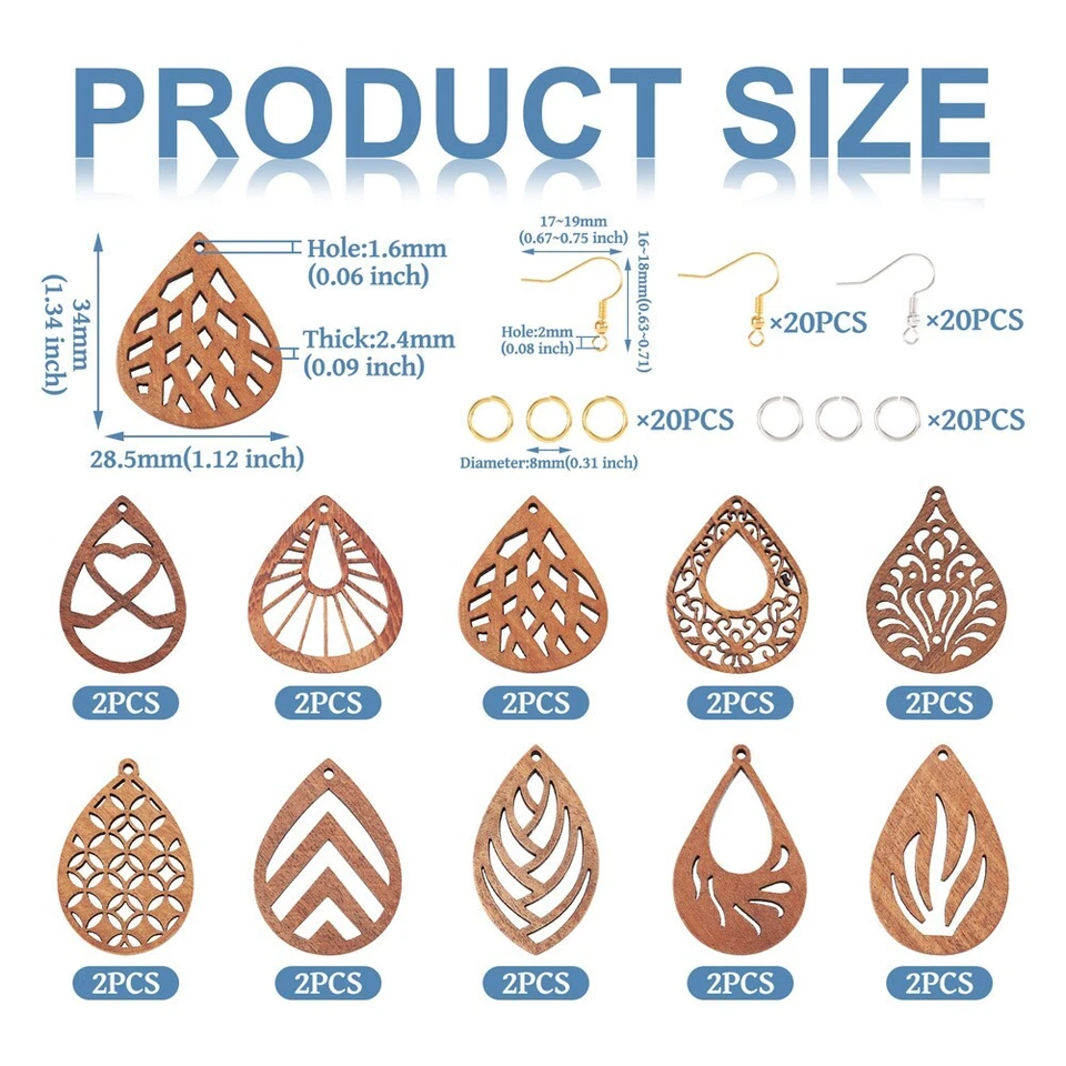 10 pares de pingentes de madeira de nogueira corte a laser lágrima faça você mesmo kit de fabricação de brinco de joias - Imagem 3 de 4