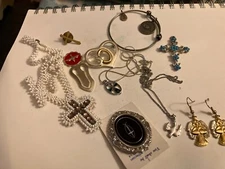 VINTAGE ESTATE lot of religious items.  earrings, bracelet, brooch, necklace