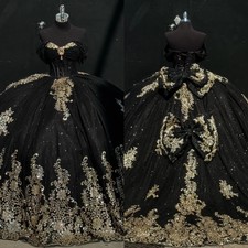 Black Princess Quinceanera Dresses Ball Gowns Lace-up Gold Sequins Appliqued Bow
