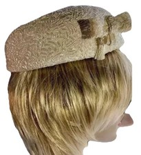 Ladies Vintage 1950s White Brocade Pillbox Wedding Hat Union Made