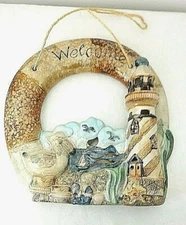 3D Welcome Sign Ceramic Lighthouse Pelican Beach Lake Nautical Coastal Seagulls