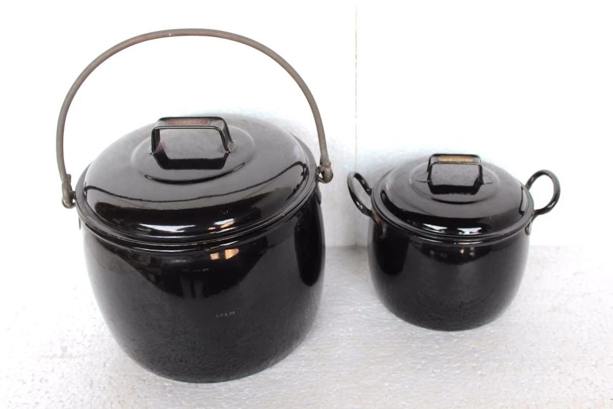 2 Pc Black Cooking Pot Vintage Enamel Ware Kitchenware Home Decor