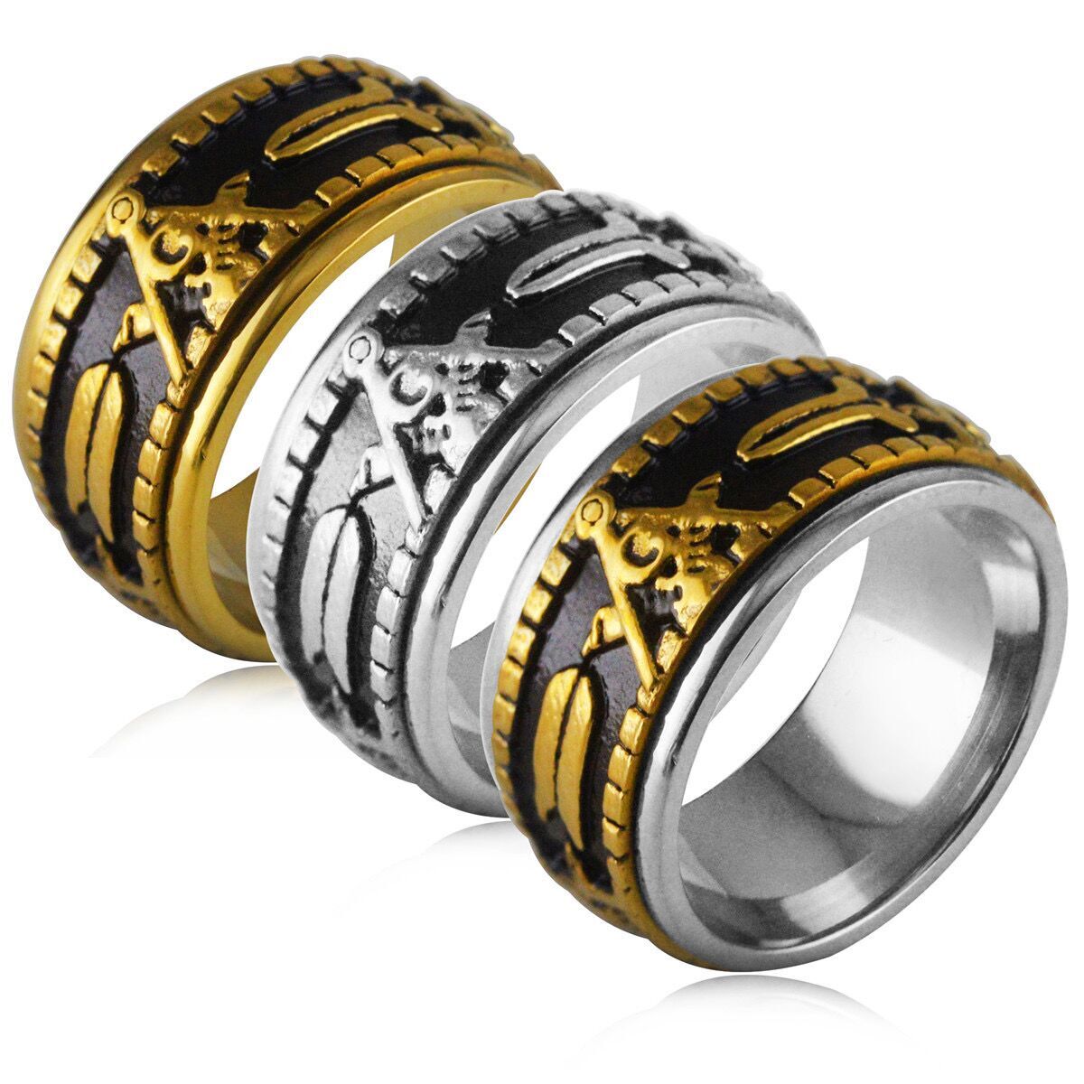 Rotatable Freemason Masonic Wedding Band Ring Stainless Steel Gift - Main Image