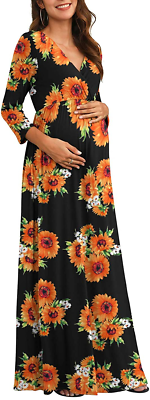 Xpenyo Women's Casual Maternity Maxi Dress V Wrap Baby Shower Pregnancy  Dresses