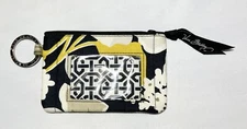 Vera Bradley Yellow Black Ecru Floral Keychain Wallet Zip ID Holder Change Purse