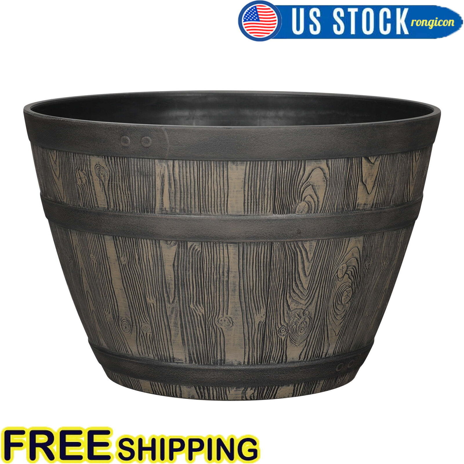Brown Resin Whiskey Barrel Planter Flower Pot w/ Drainage Holes UV-Resistant NEW