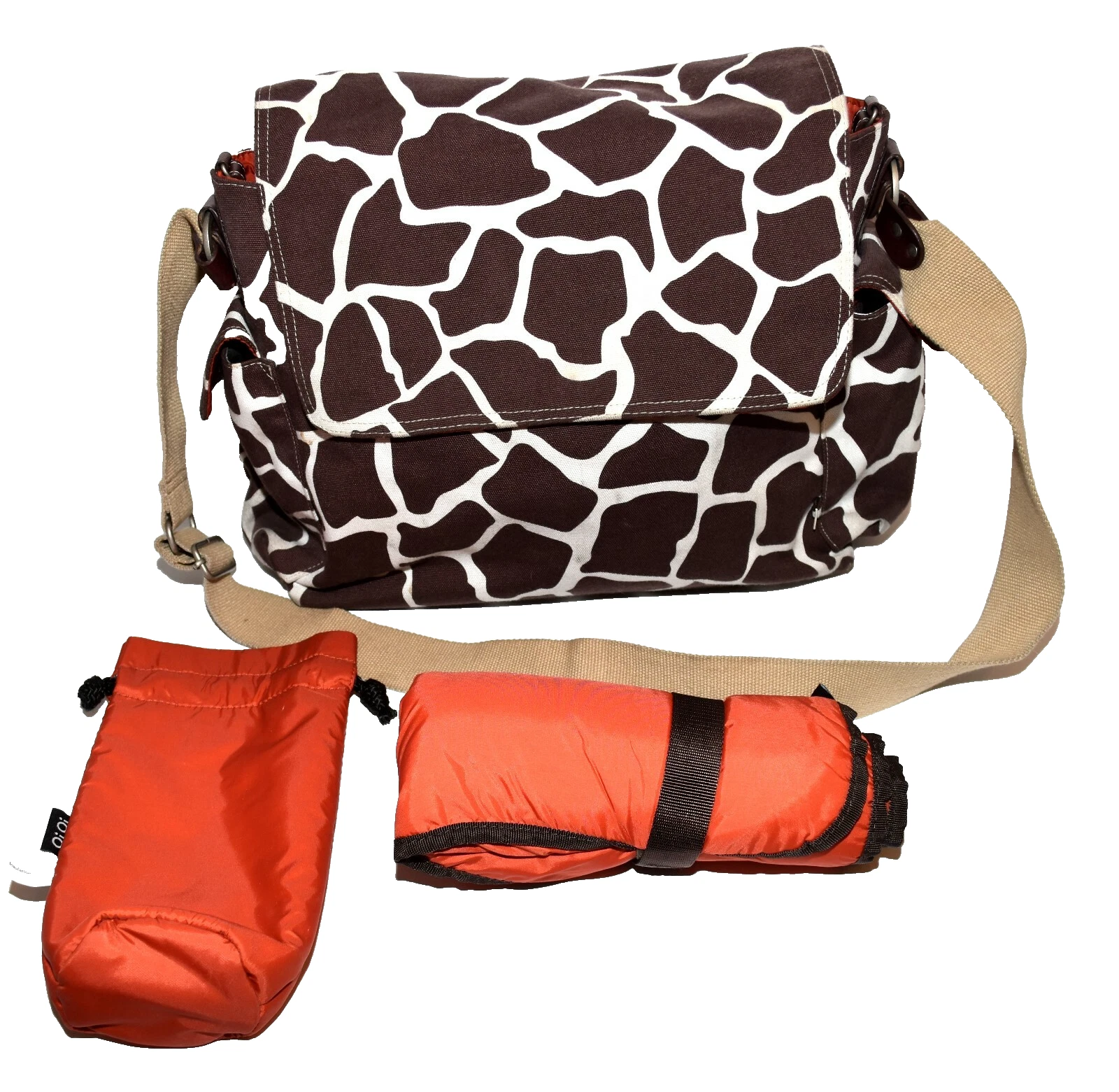 OiOi Giraffe Print Canvas Diaper Bag + Changing Pad Insulated Bottle Bag & Box