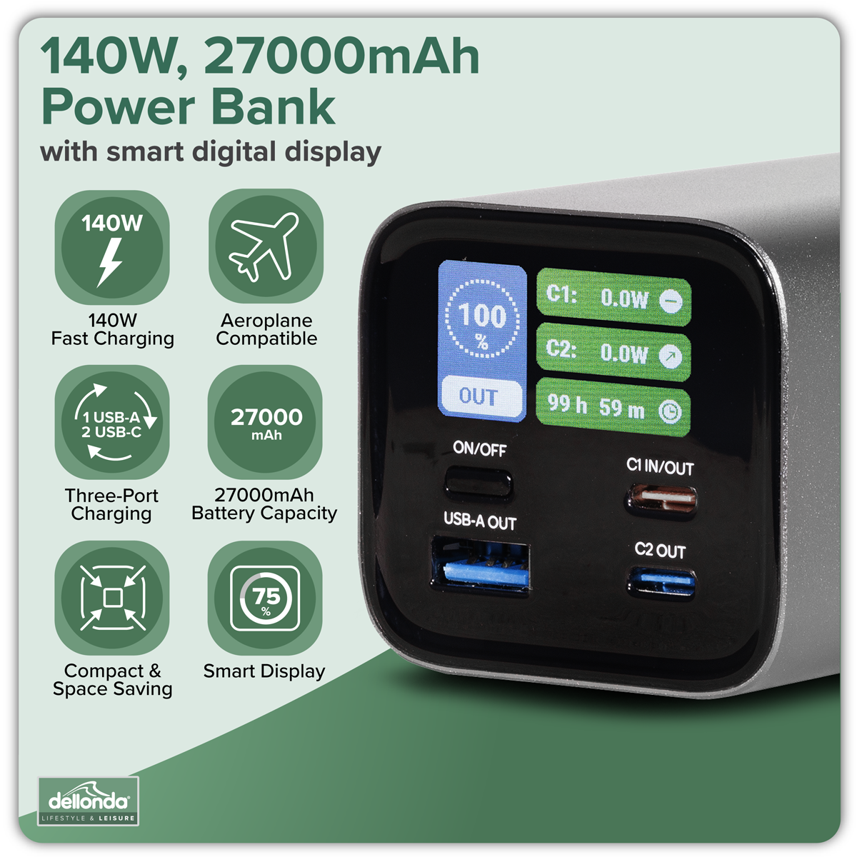 DL168 Dellonda Portable Power Bank 140W 27000mAh
