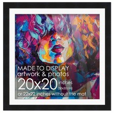 20x20 Frame Black With White Picture Mat For 20x20 Print - Or 22x22 Art Without