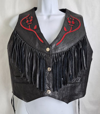 Vintage UNIK Black Leather Fringe Biker Vest Red Rose Lace Up Side Concho Size M