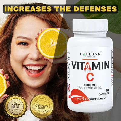 Hallusa Natural Vitamin C 1000mg Capsules Ascorbic Acid Immune Support, 60 Count