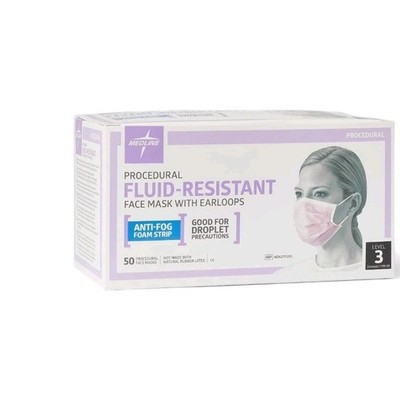 2 pack Medline Procedural ASTM Level 3 Procedure Face Mask, Ear Loops, Box of 50