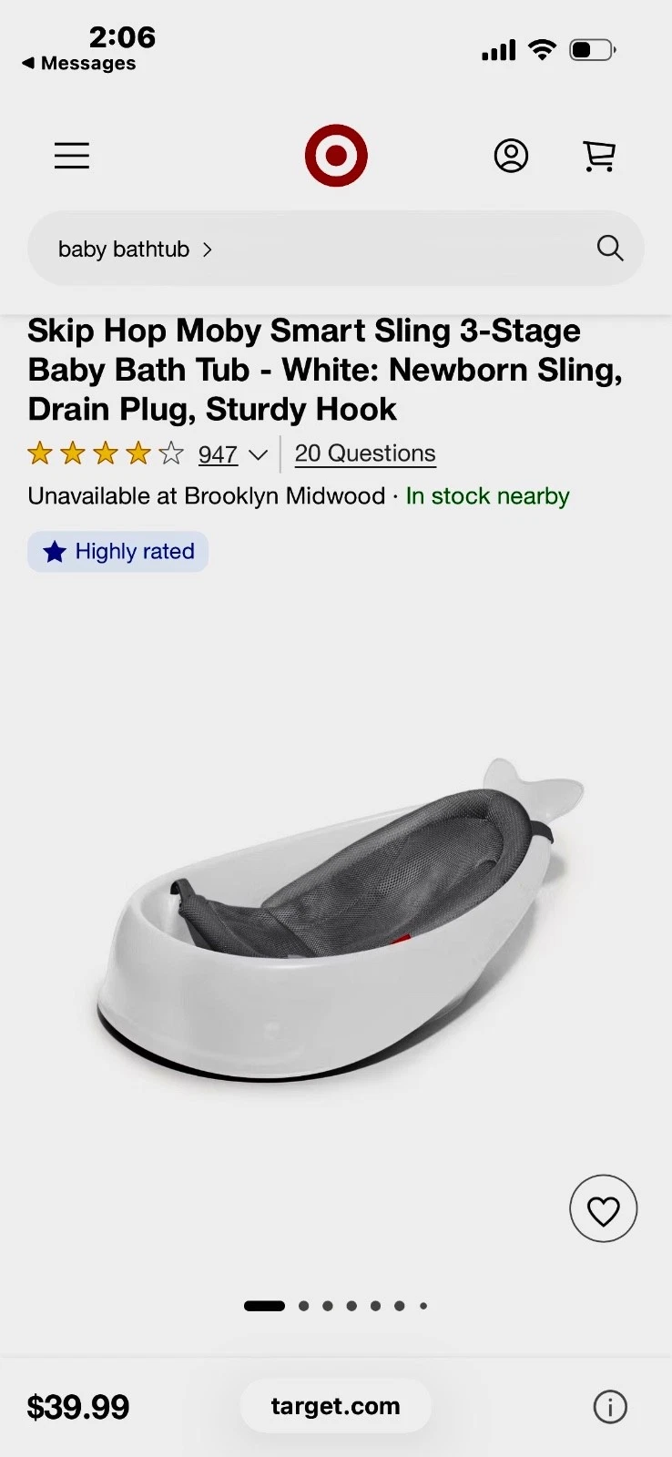 Skip Hop Infant Bath Tub 3-Stage Smart Sling Moby White
Opens in a new window or tab