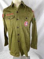 VTG 50S 60S MENS S BOY EAGLE SCOUT BSA BUTTON COLLAR LONG SLEEVE PATCHES SHIRT
