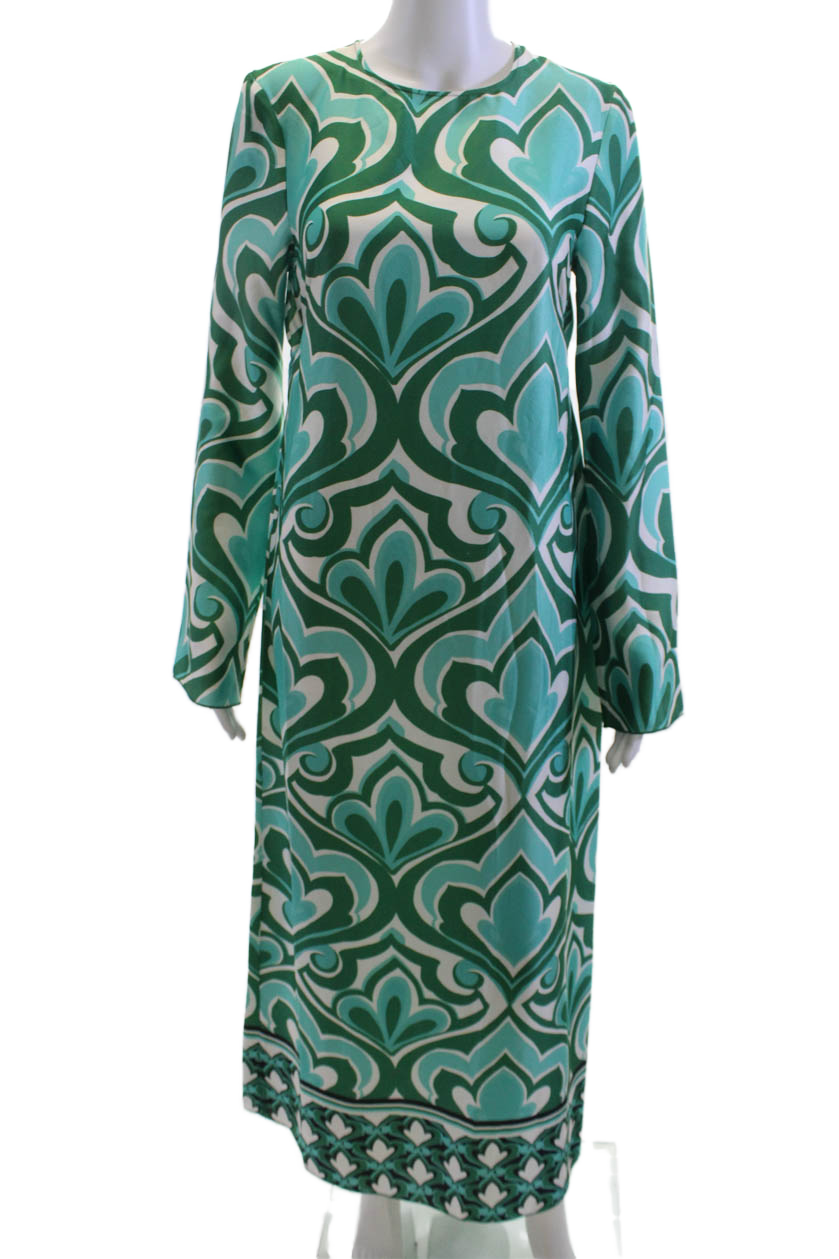 MNG Women Maxi Shift Dress Green Geometric Long Sleeve Size 4