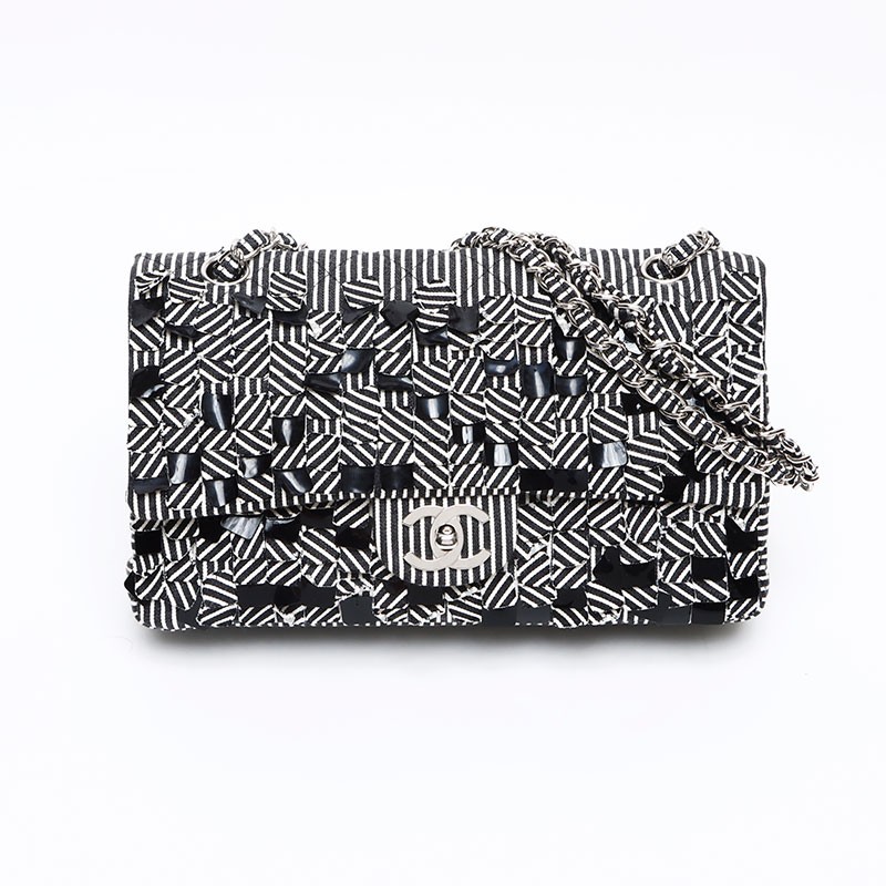 CHANEL Black White Stripe Double Flap Turnlock 11 Shoulder Bag WS13238