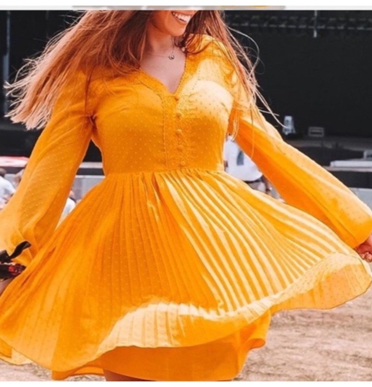 ZARA Yellow Polka Dot Pleated A-Line Dress V-Neck Long Sleeve Size M