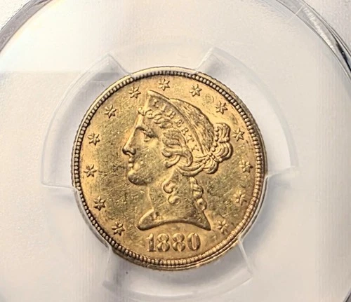 1880 LIBERTY HEAD HALF EAGLE $5 GOLD PCGS AU55