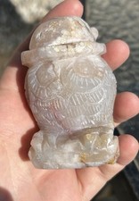 247g Flower agate owl with hat carving Crystal Carving Tower Gemstone gift women