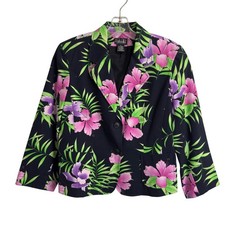 Rafaella Womens Tropical Hibiscus Floral Blazer Black Pink Purple Size 8
