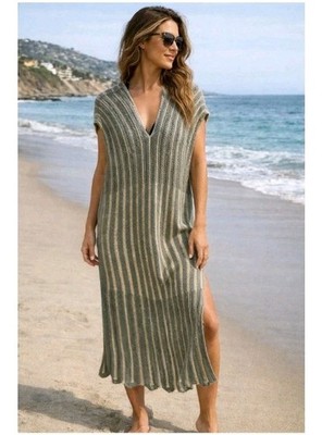 Floris Swim Green Gold Crochet Maxi Cover Up Dress Made in Italy M/L
