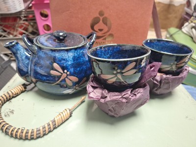 Teavana Stoneware Tea Set Blue Dragonfly Bamboo Japan Pot 4 Cups