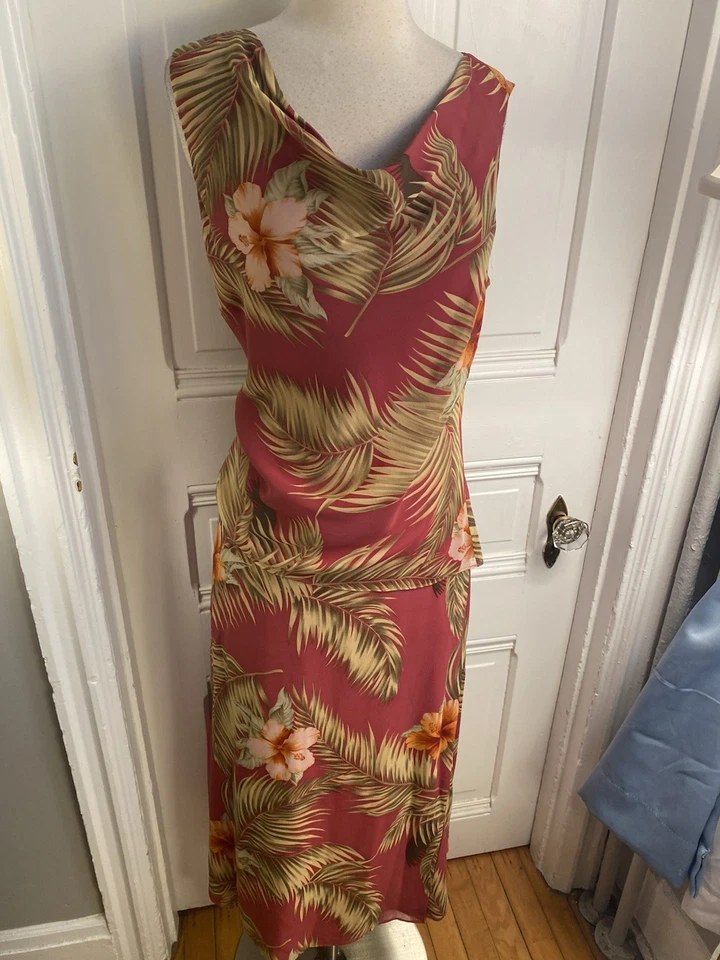 TOMMY BAHAMA 100% SEDA ROJO CON FLORES Y HOJAS FALDA Y CONJUNTO TOP-TALLA 14-¡NUEVO SIN ETIQUETAS! Foto 3 de 4