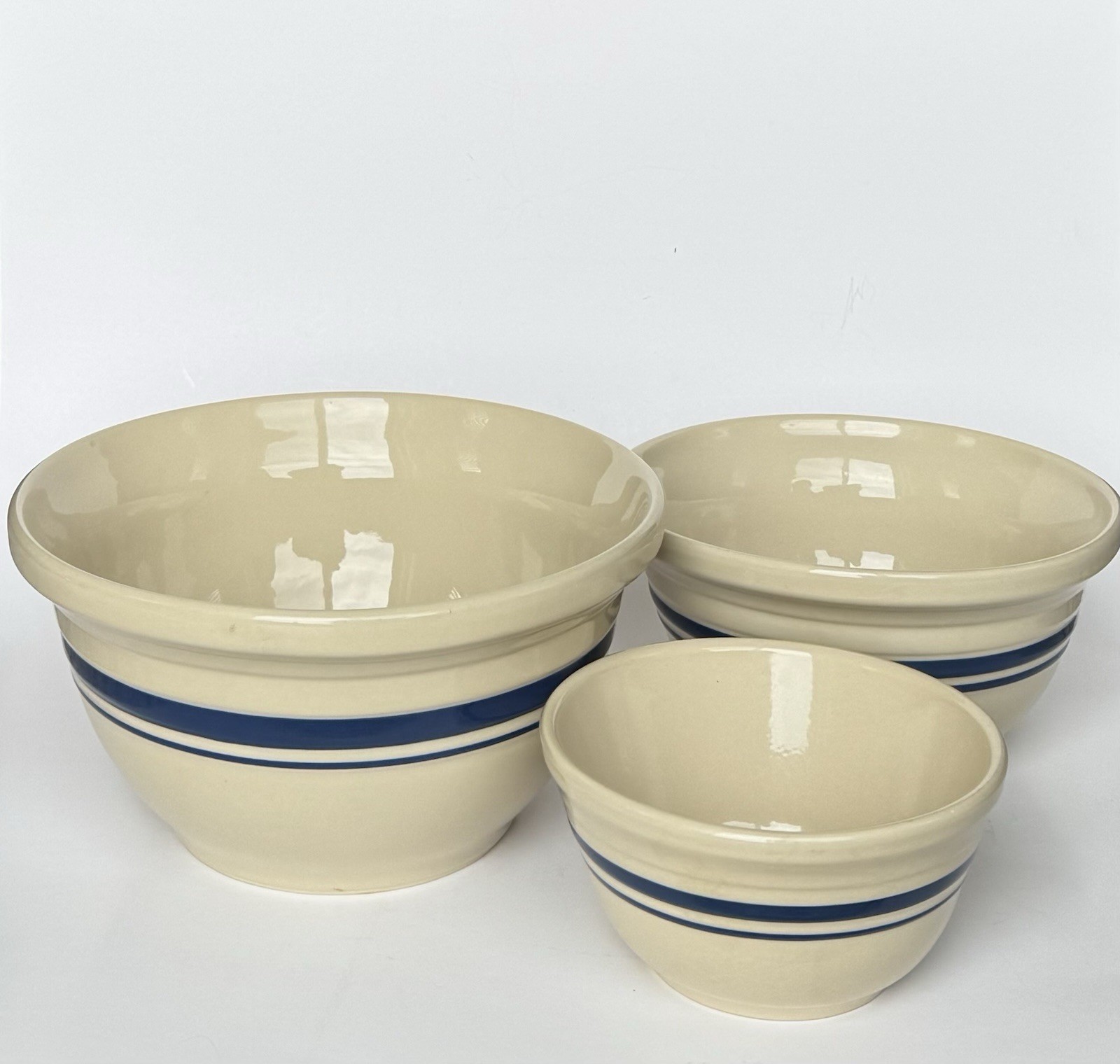 Vintage Friendship Pottery Roseville Ohio Blue Stripe Ceramic Bowls Set Of 3