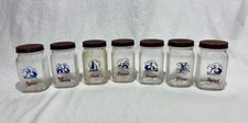 VTG 1930s Glass Kitchen Shaker Jar Set 7 Spice Sugar Flour Salt Pepper Nut Meats