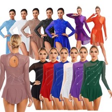 US Womens Long Sleeve Skirted Leotard Lyrical Dance Rhinestone Ice Skating Dress