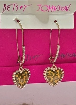 Betsey Johnson Gold Tone Heart Dangle Earrings Leopard Animal Print Crystals - Image 1 of 3