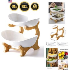 Frutero de cerámica de 2 niveles con soporte de madera de bambú para mostrador de cocina, porcelana...