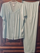 Vintage Vanity Fair Baby Blue Short Sleeve Top Pants Nylon Pajama Set Size Lg