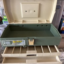 VTG Plano 707 Fishing Tackle Box Tan Green Handle Open Top 2 Drawers Lockable