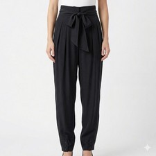 ASOS Silk Trousers Womens 10 Black Pleated Tie Waist Button Hem Minimalist Luxe