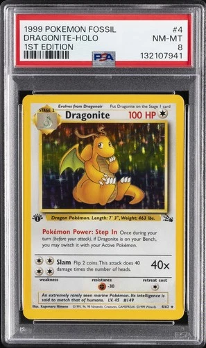 1999 POKEMON FOSSIL 1ST ED #4 DRAGONITE-HOLO PSA 8