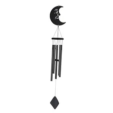  41" Long Wood Black Moon Wind Chime with 3 Metal Tubes Statue Sculpture 