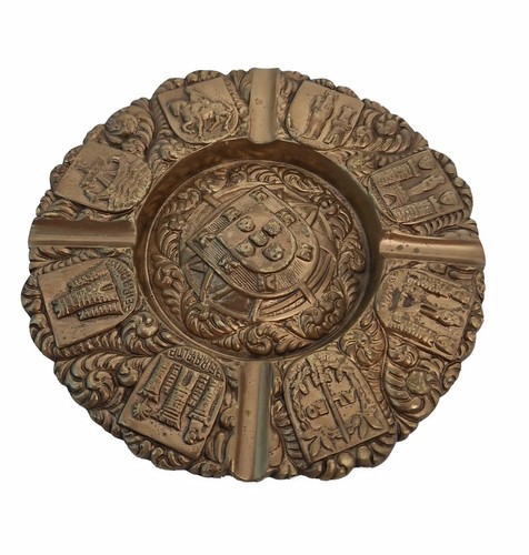 Large Antique Solid Bronze Ashtray With Portuguese Coat of Arms Portugal Ornate - Picture 2 of 8