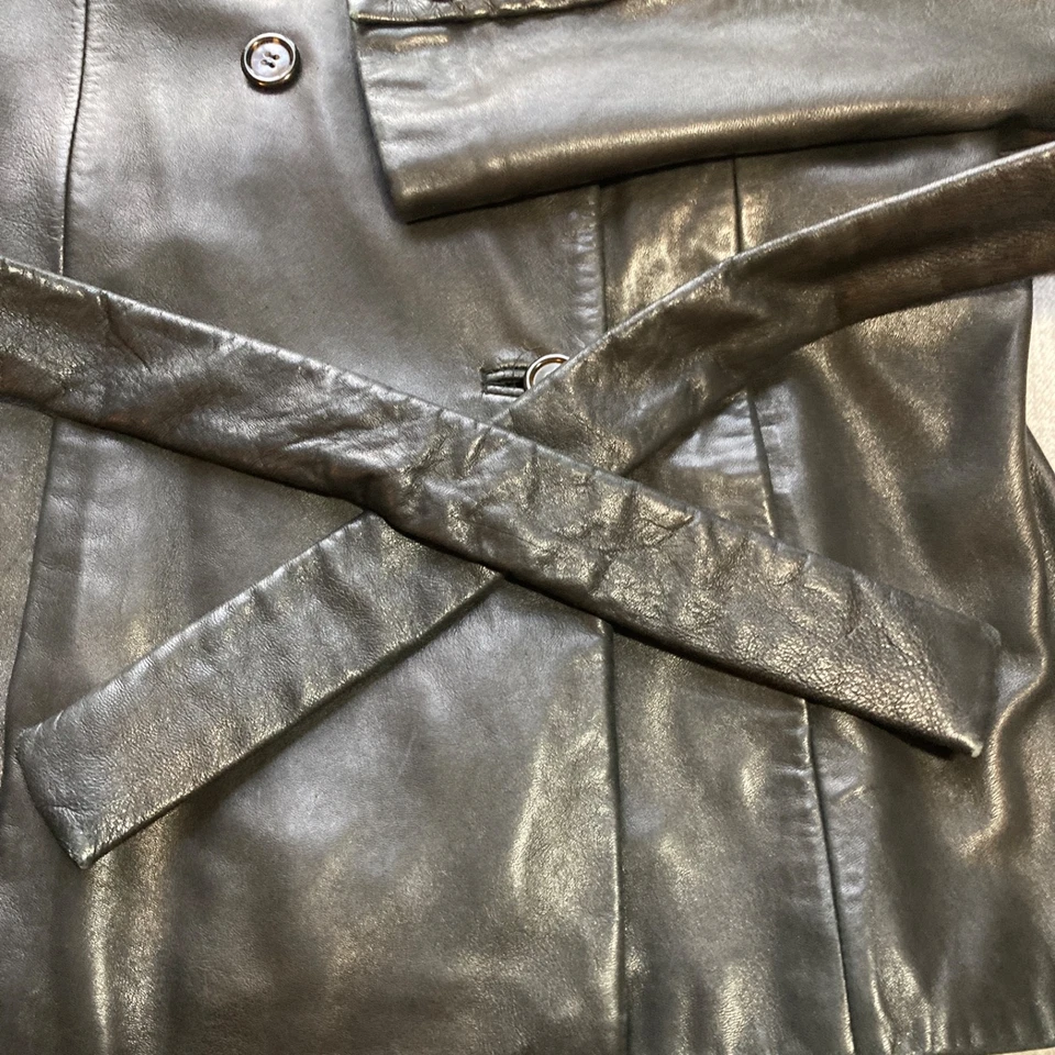 复古女式 Andrew Marc 黑色皮革腰带风衣外套 M 码 74847 — 第 4/4 张图片