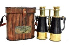 Vintage Antique Brass Binocular with Leather Case Victorian Marine Gift