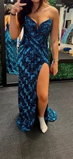Jovani Blue Sequin Geometric Sweetheart Maxi Dress with Side Slit