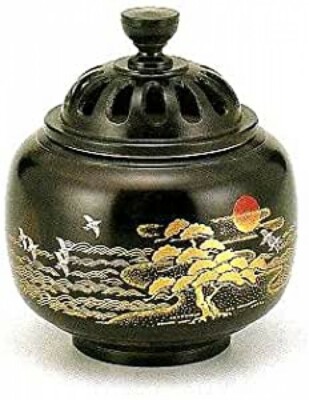 Maki-e Koro Japanese Bronze Incense burner Takaoka Lacquered Twin Crane Japan