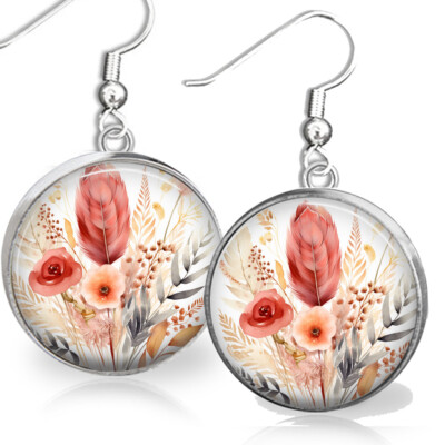 Watercolor Art Print Boho Floral Arrangement Feathers Gift Dangle Earrings .925