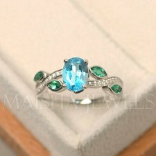 925 Sterling Silver Natural Swiss Blue Topaz Christmas Gift Engagement Ring