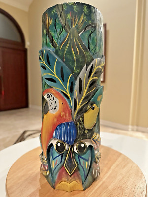 Vibrant Hand Carved & Hand Painted Balsa Wood Tiki Style Piece - 13'' x 5''