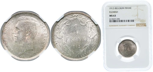 Belgium 1913 1 Franc Silver 835 NGC MS 63